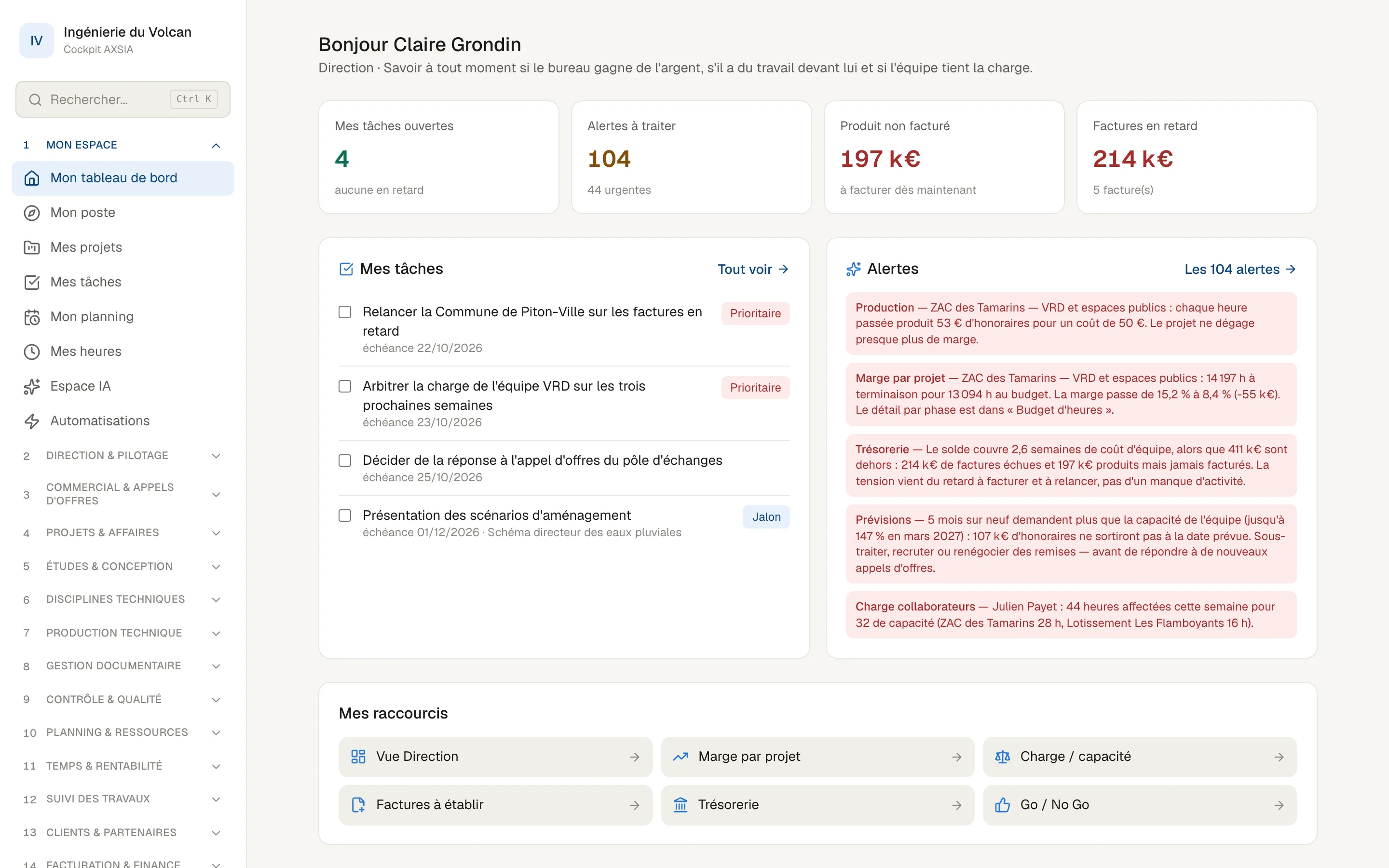 Tableau de bord du cockpit bureau d'études : tâches, produit non facturé, factures en retard et alertes de marge par projet