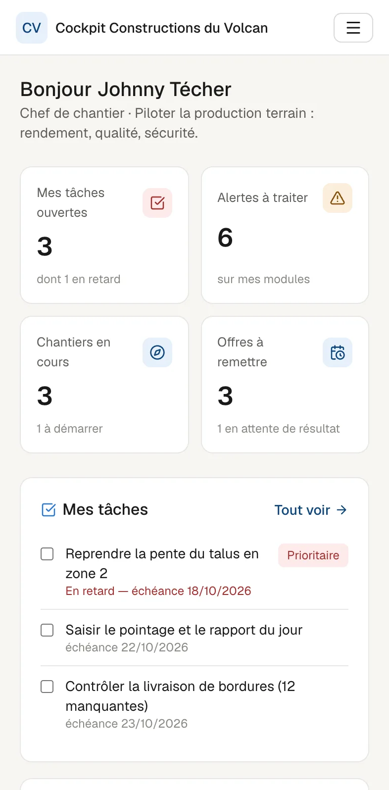 Le même cockpit sur l'iPhone d'un chef de chantier : ses tâches du jour et ses alertes